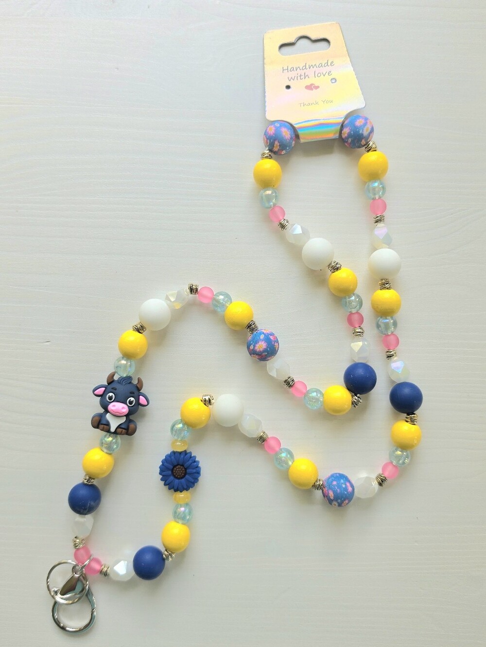Handmade Cute Cow Beaded Lanyard - Yellow Blue